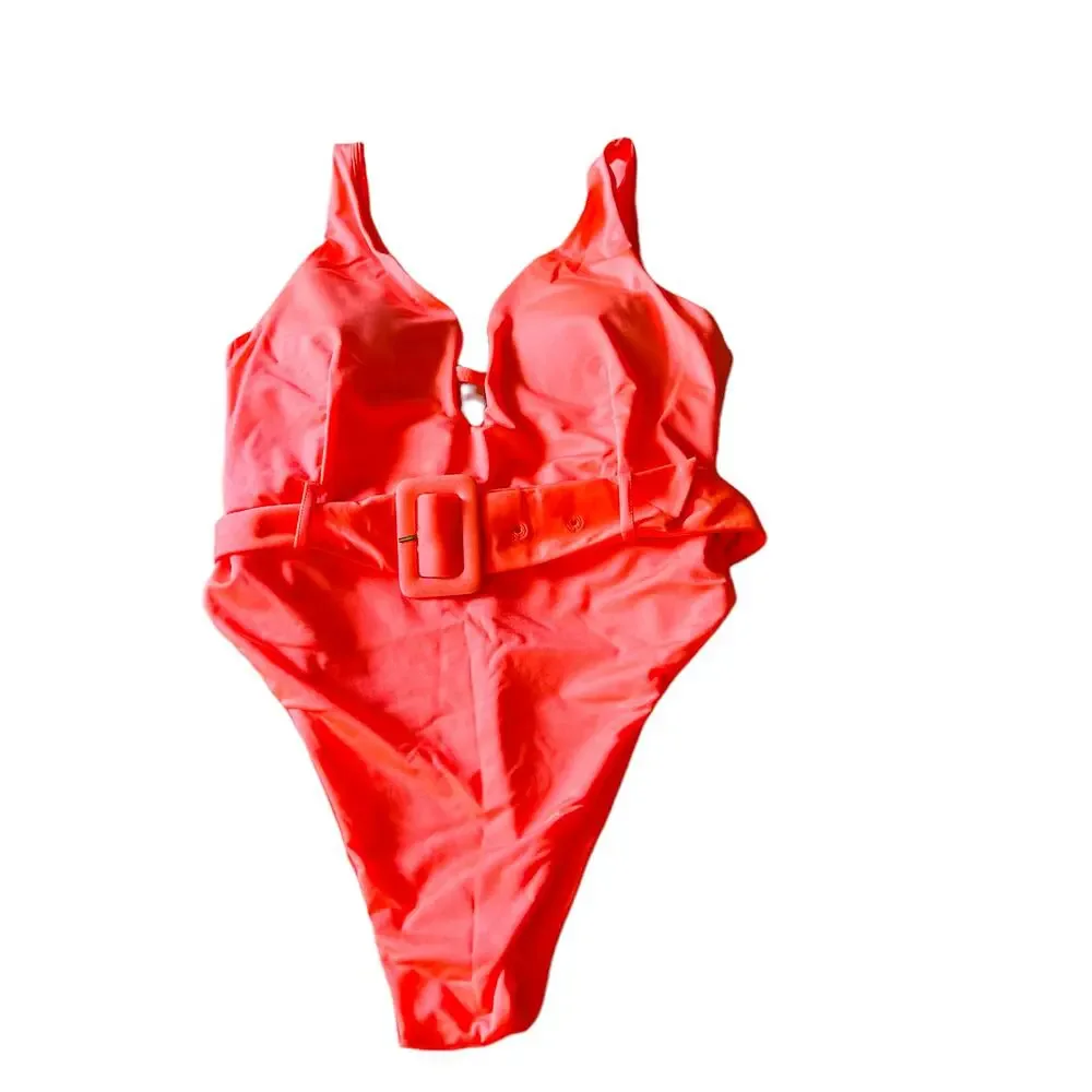 BuffBunny Collection Belted High Waist One Piece Bikini Size Medium NWT Coral